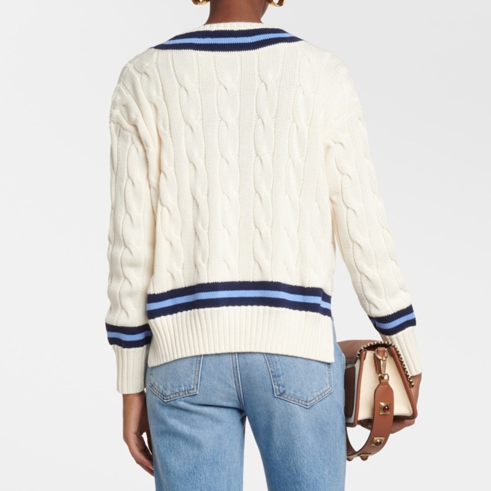 Polo by Ralph Lauren Cream Cable-Knit V-Neck Sweater with Navy & Light Blue Trim - Picture 6 of 9